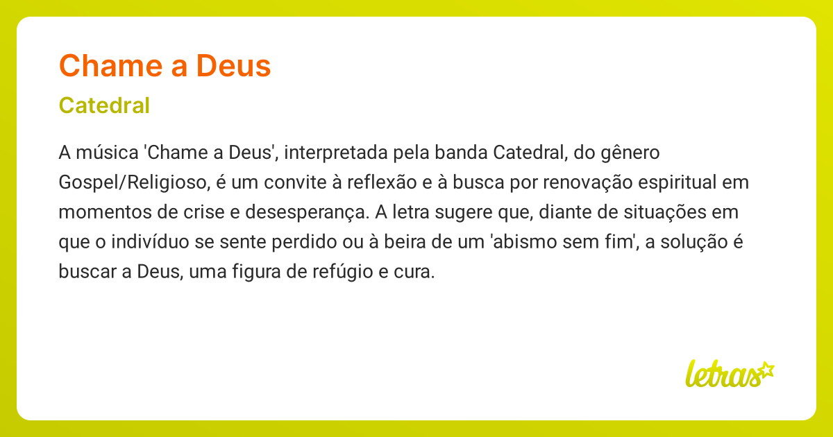 Significado da música CHAME A DEUS (Catedral) - LETRAS.MUS.BR