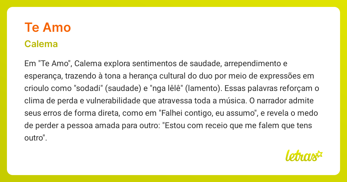 Significado da música TE AMO (Calema) LETRAS.MUS.BR