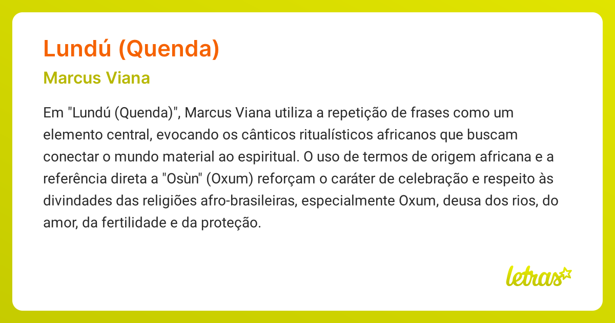Significado da música LUNDÚ (QUENDA) (Marcus Viana) - LETRAS.MUS.BR