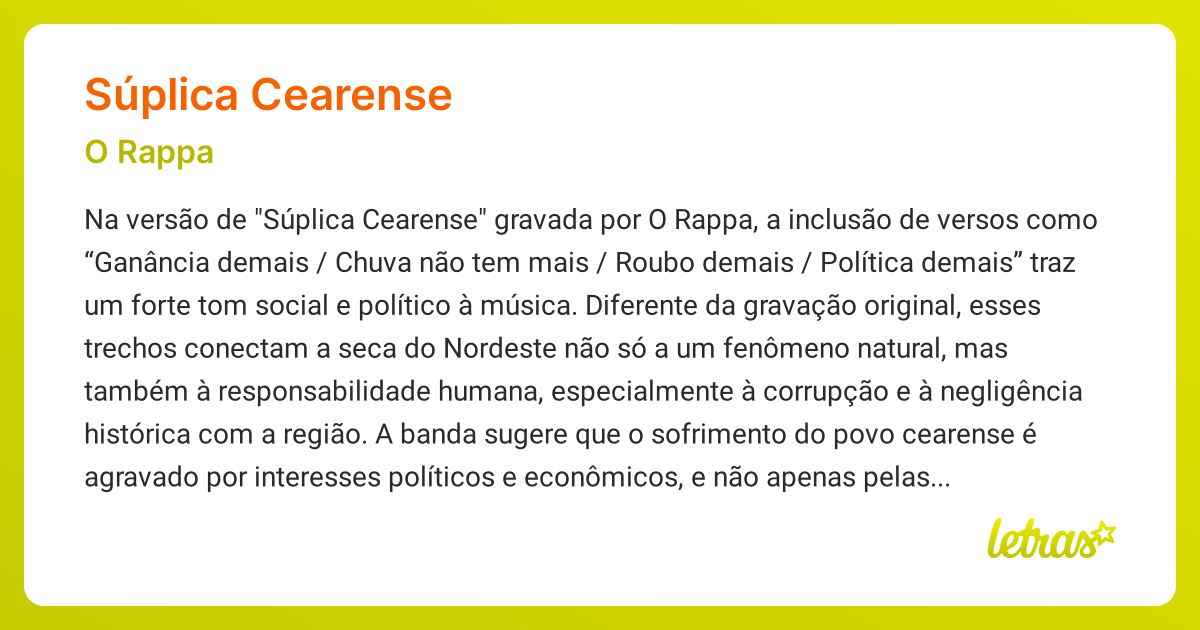 Significado da música SÚPLICA CEARENSE (O Rappa) - LETRAS.MUS.BR