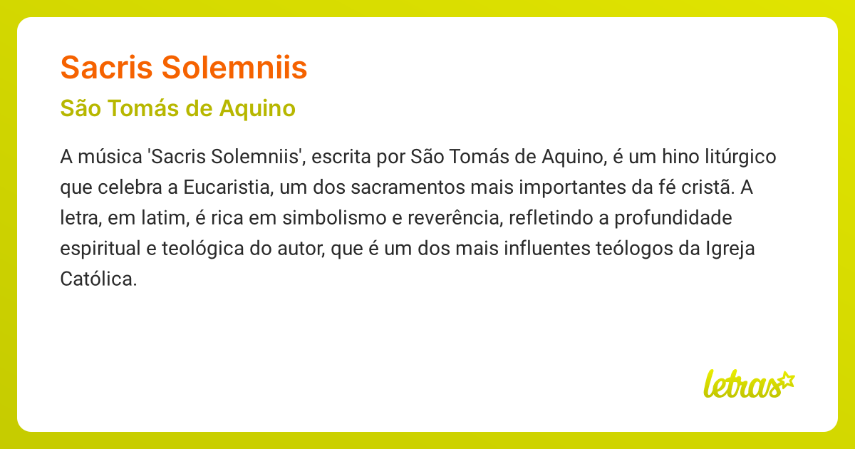 Significado da música SACRIS SOLEMNIIS (São Tomás de Aquino) - LETRAS ...