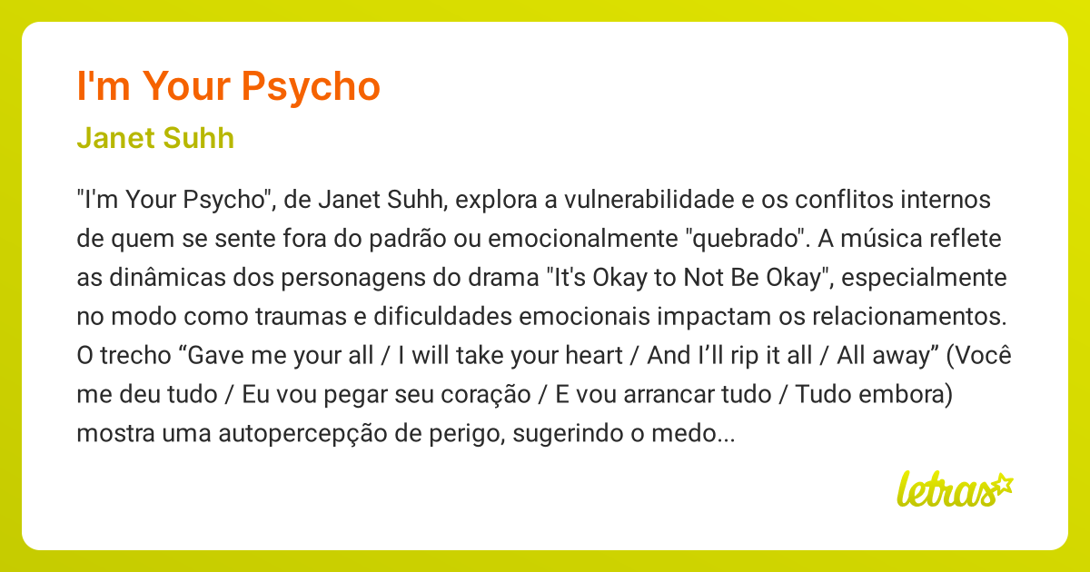Significado da música I'M YOUR PSYCHO (Janet Suhh) - LETRAS.MUS.BR
