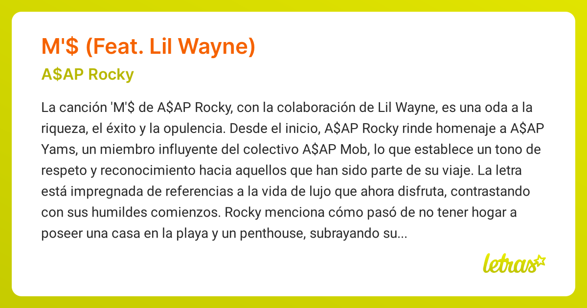 Significado de la canción M'$ (FEAT. LIL WAYNE) (A$AP Rocky) - LETRAS.COM