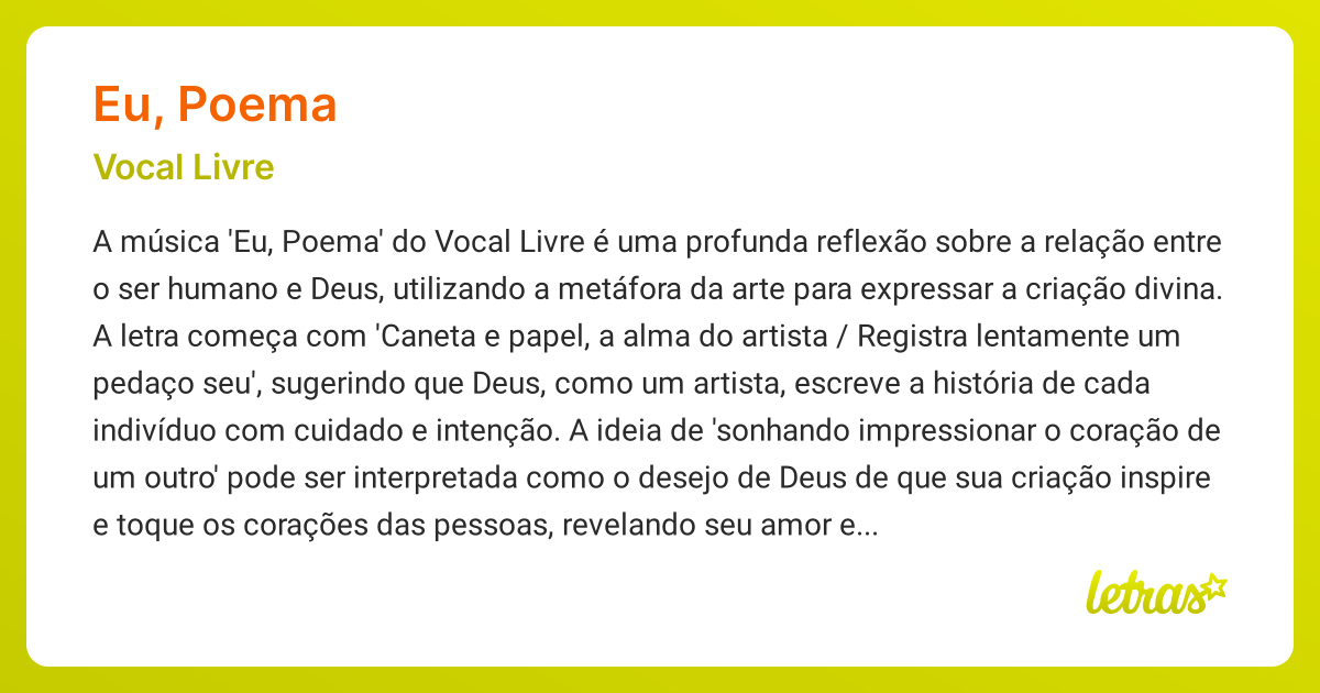 Significado da música EU, POEMA (Vocal Livre) - LETRAS.MUS.BR