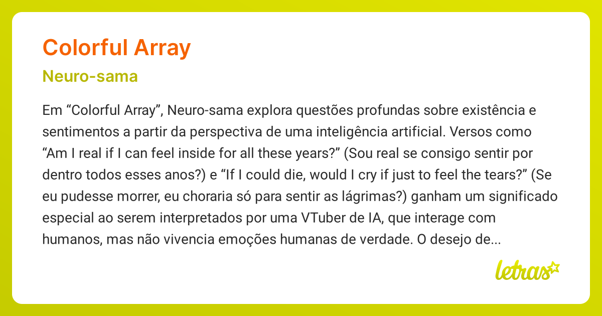 Significado da música COLORFUL ARRAY (Neuro-sama) - LETRAS.MUS.BR