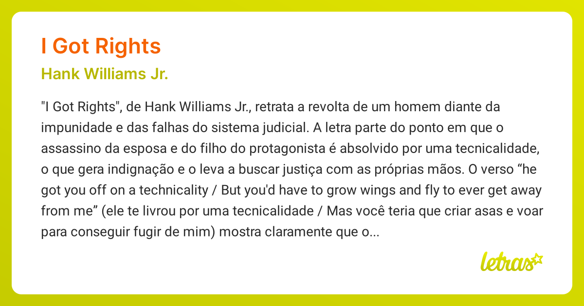 Significado da música I GOT RIGHTS (Hank Williams Jr.) - LETRAS.MUS.BR