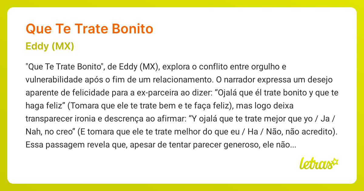 Significado da música QUE TE TRATE BONITO (Eddy (MX)) - LETRAS.MUS.BR