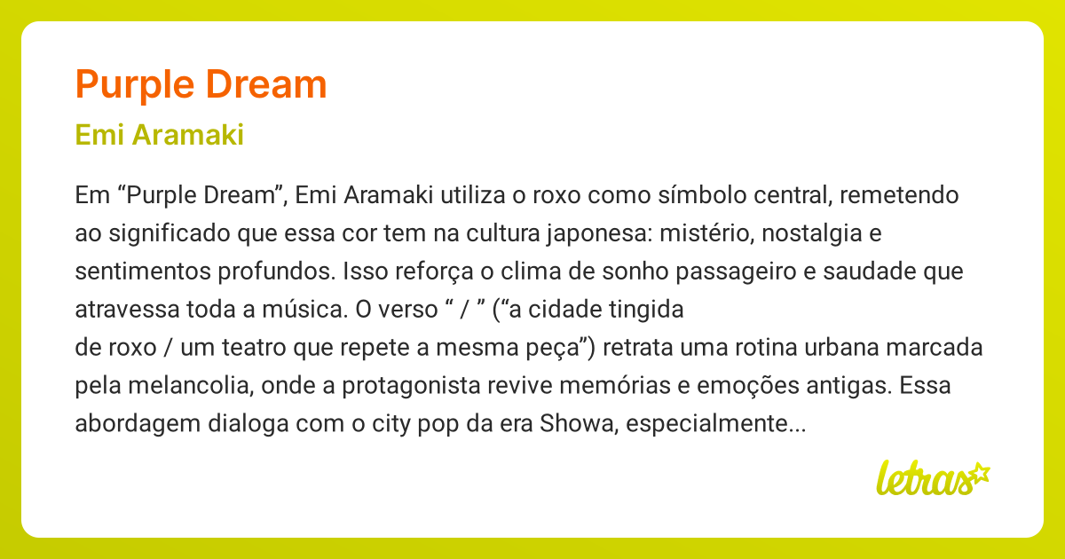 Dreamコメント欄 Significado da música PURPLE DREAM (Emi Aramaki) - LETRAS.MUS.BR