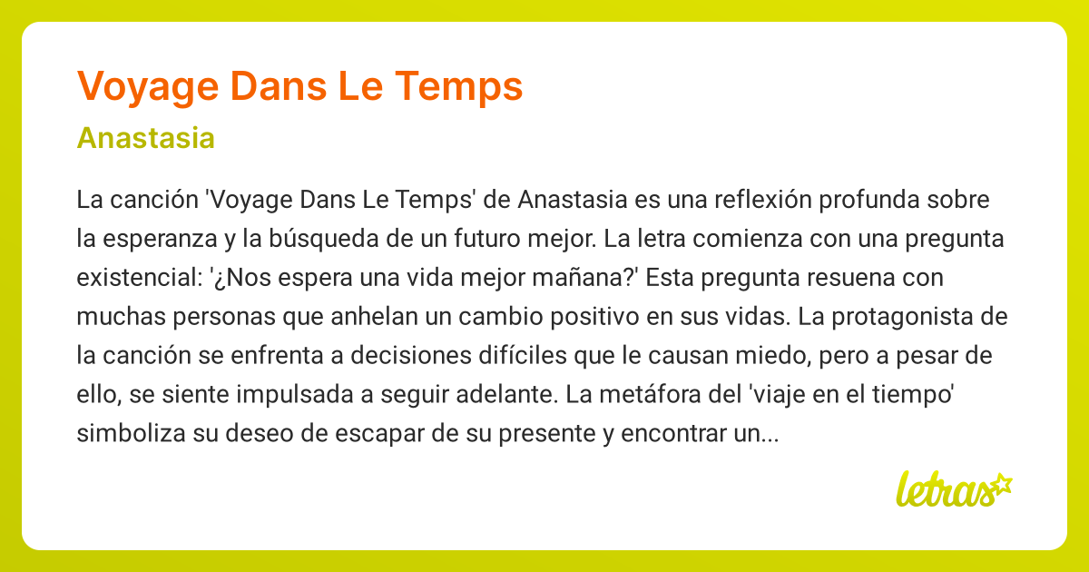 Significado de la canción VOYAGE DANS LE TEMPS (Anastasia)