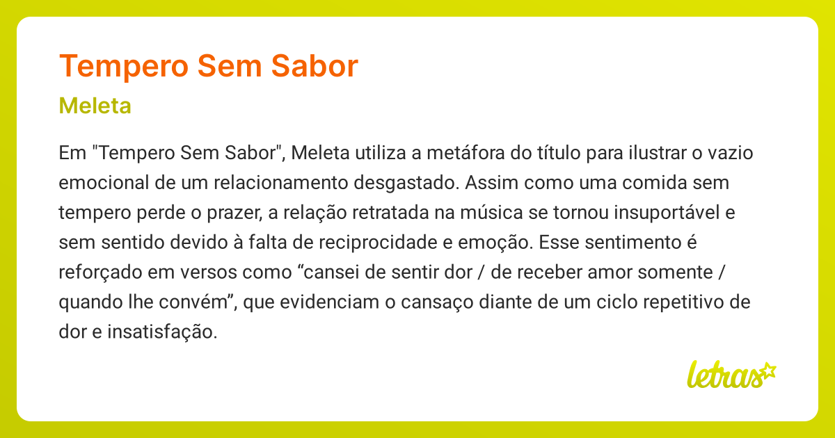 Significado da música TEMPERO SEM SABOR (Meleta) - LETRAS.MUS.BR
