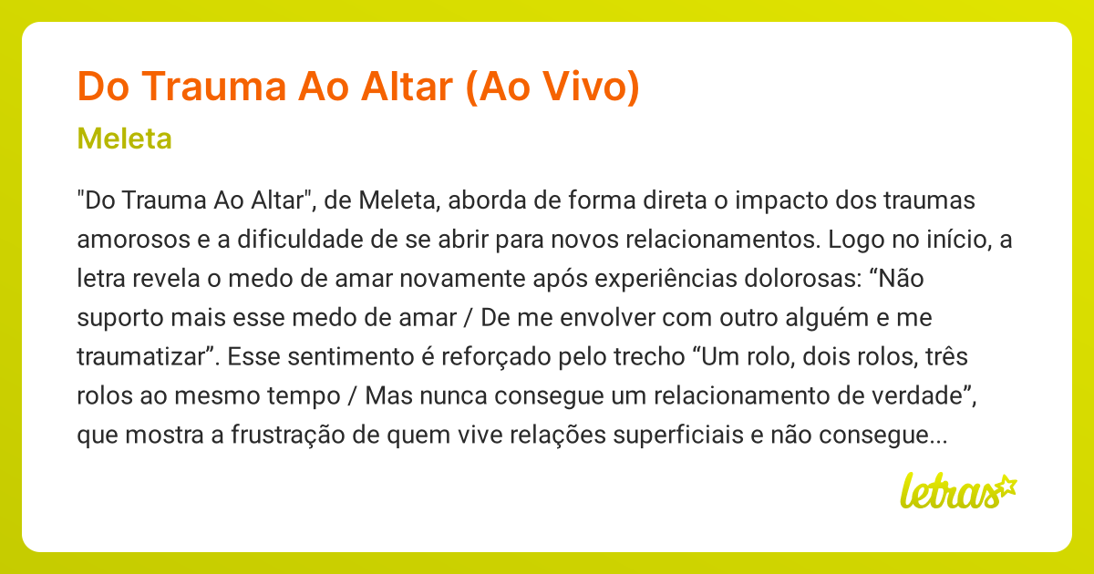 Significado da música DO TRAUMA AO ALTAR (AO VIVO) (Meleta) - LETRAS.MUS.BR