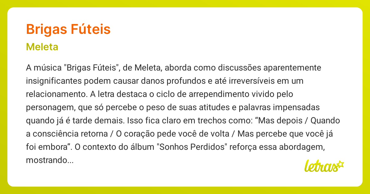 Significado da música BRIGAS FÚTEIS (Meleta) - LETRAS.MUS.BR