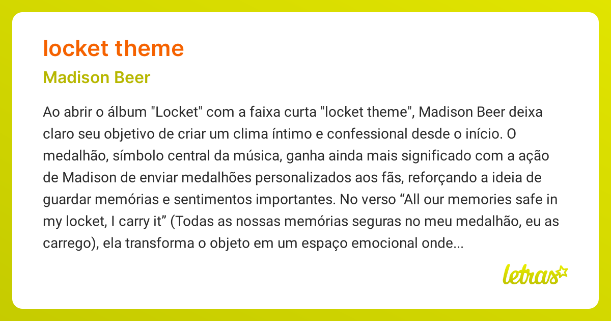 Significado da música LOCKET THEME (Madison Beer) - LETRAS.MUS.BR