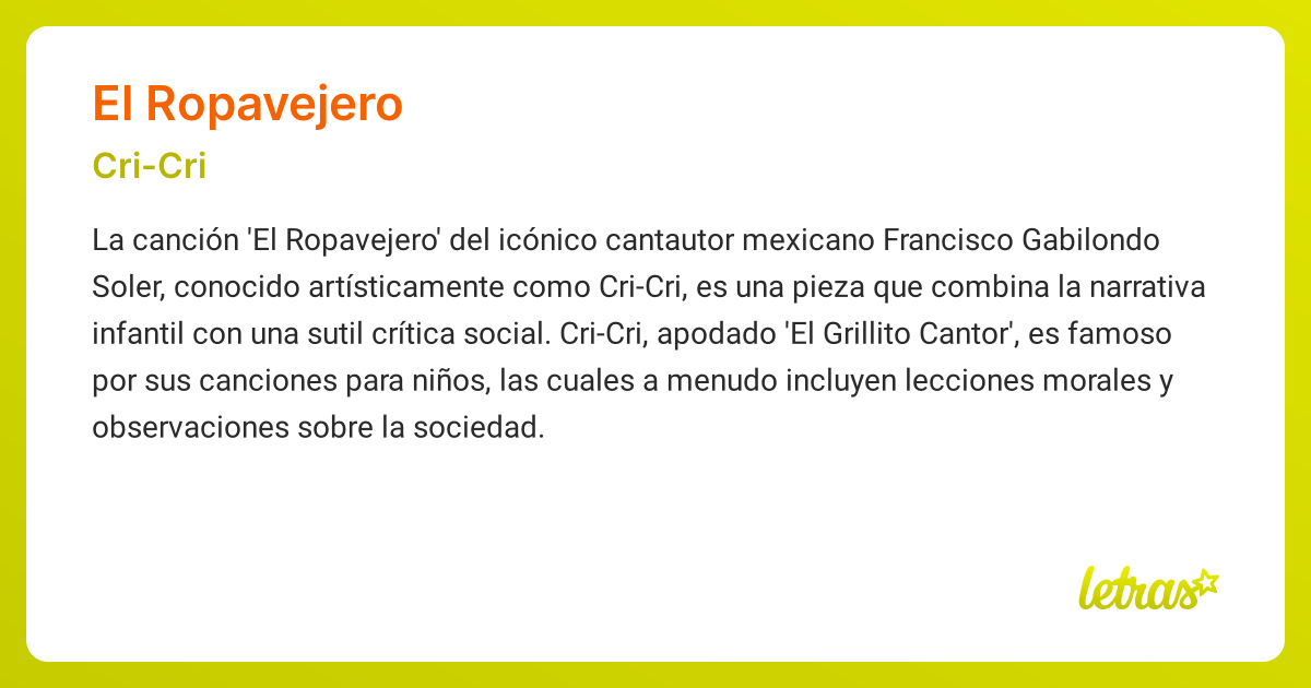 Significado de la canción EL ROPAVEJERO (Cri-Cri) - LETRAS.COM