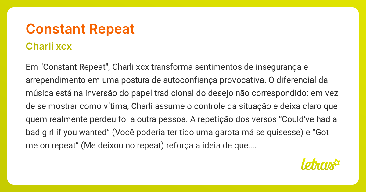 Significado da música CONSTANT REPEAT (Charli xcx) - LETRAS.MUS.BR
