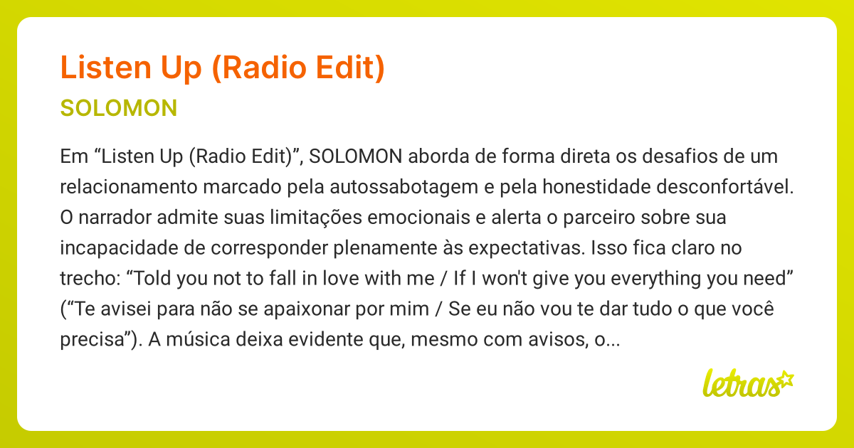 Significado da música LISTEN UP (RADIO EDIT) (SOLOMON) - LETRAS.MUS.BR