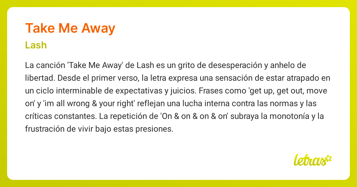 Significado de la canción TAKE ME AWAY (Lash) - LETRAS.COM