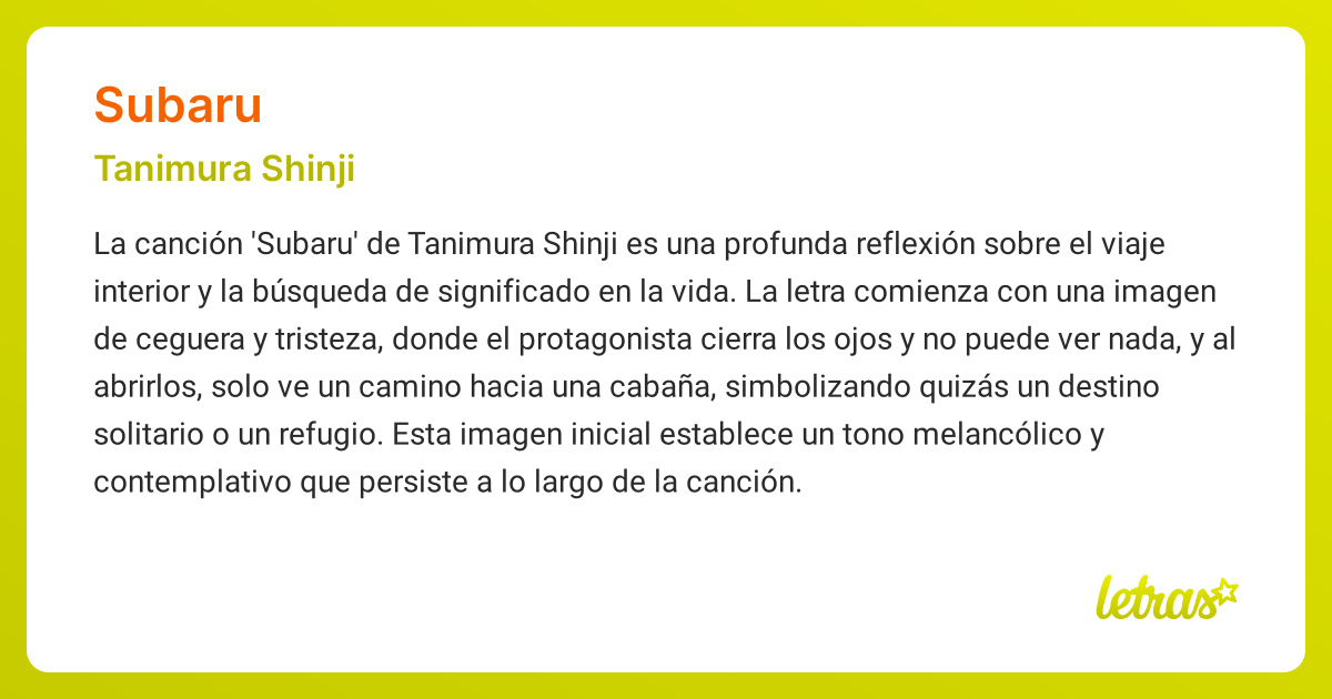 Significado de la canción SUBARU (Tanimura Shinji) - LETRAS.COM