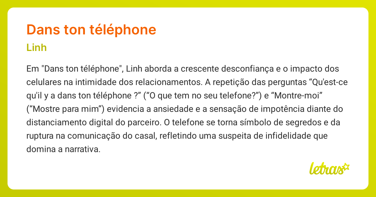 Significado da música DANS TON TÉLÉPHONE (Linh) - LETRAS.MUS.BR