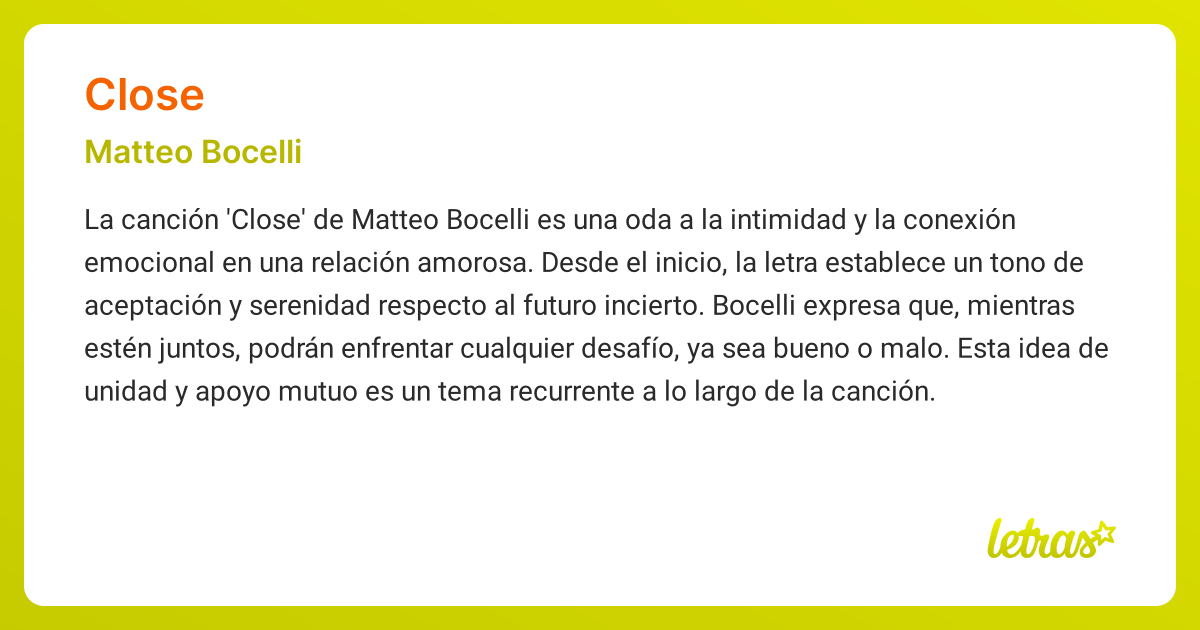 Significado de la canción CLOSE (Matteo Bocelli) - LETRAS.COM