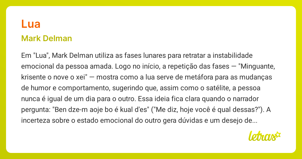 Significado da música LUA (Mark Delman) - LETRAS.MUS.BR