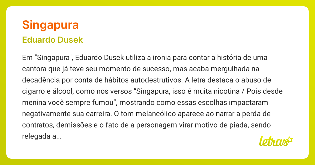 Significado da música SINGAPURA (Eduardo Dusek) - LETRAS.MUS.BR
