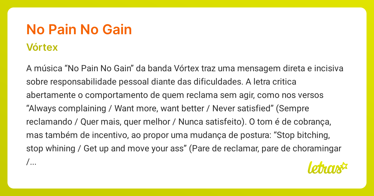 Significado da música NO PAIN NO GAIN (Vórtex) - LETRAS.MUS.BR