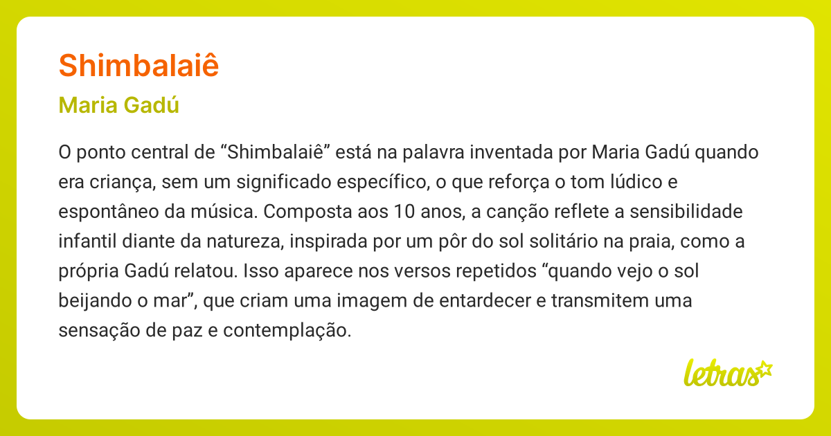 Significado da música SHIMBALAIÊ (Maria Gadú) - LETRAS.MUS.BR