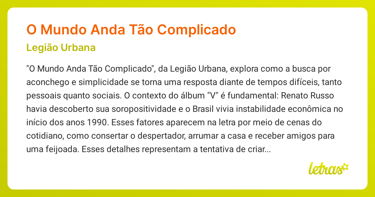 Significado da música O MUNDO ANDA TÃO COMPLICADO (Legião Urbana ...
