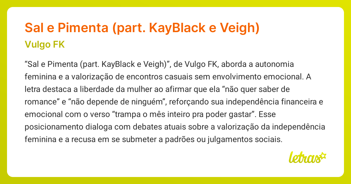 Significado da música Sal e Pimenta (part. KayBlack e Veigh) (Vulgo FK ...