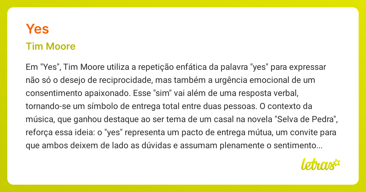 Significado da música YES (Tim Moore) - LETRAS.MUS.BR