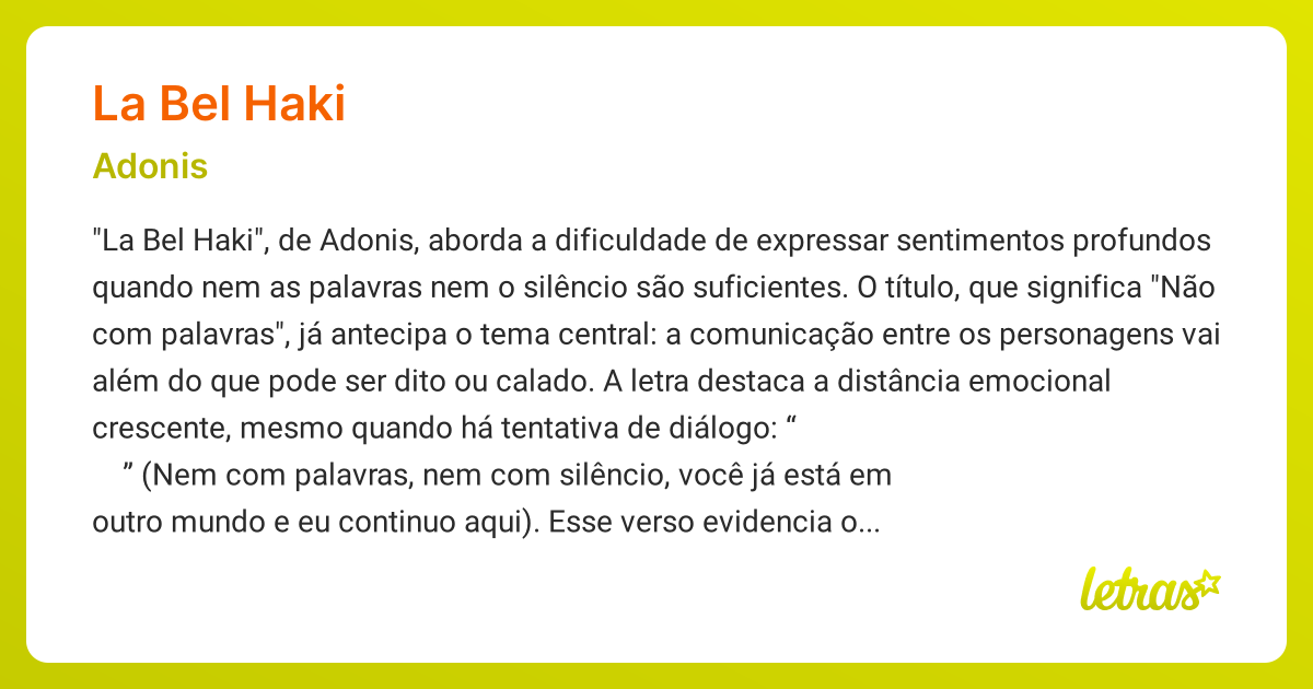 Significado da música LA BEL HAKI (Adonis) LETRAS.MUS.BR
