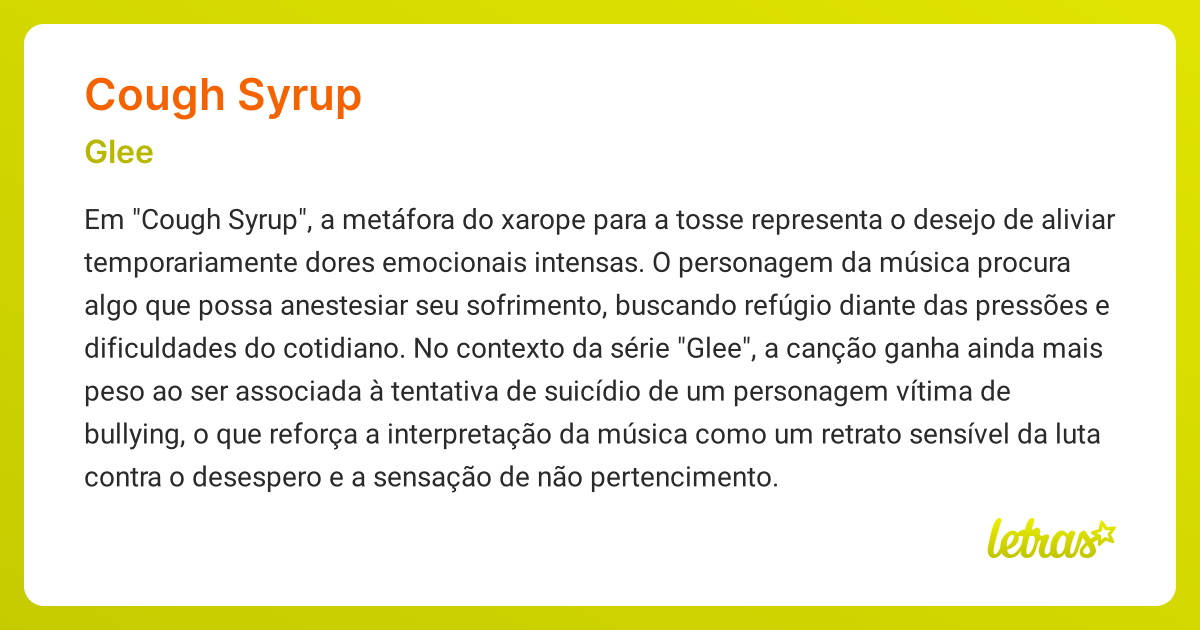 Significado da música COUGH SYRUP (Glee) LETRAS.MUS.BR