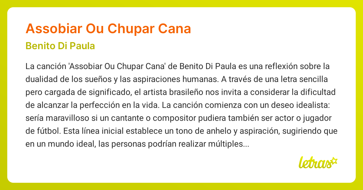 Significado de la canción ASSOBIAR OU CHUPAR CANA (Benito Di Paula ...