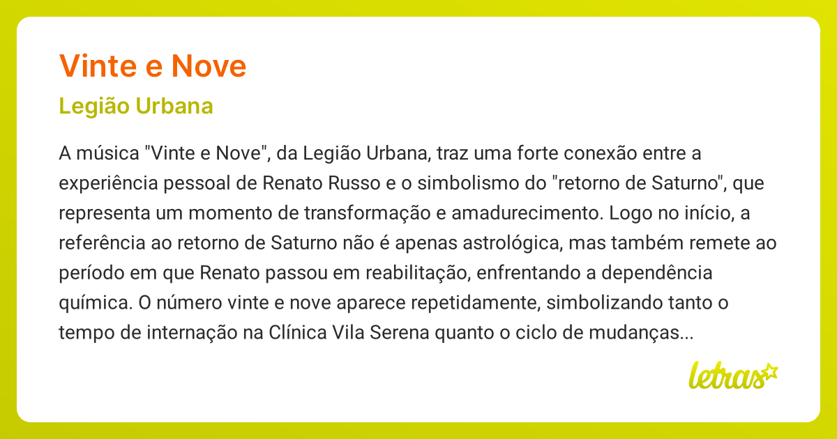 Significado da música VINTE E NOVE (Legião Urbana) - LETRAS.MUS.BR