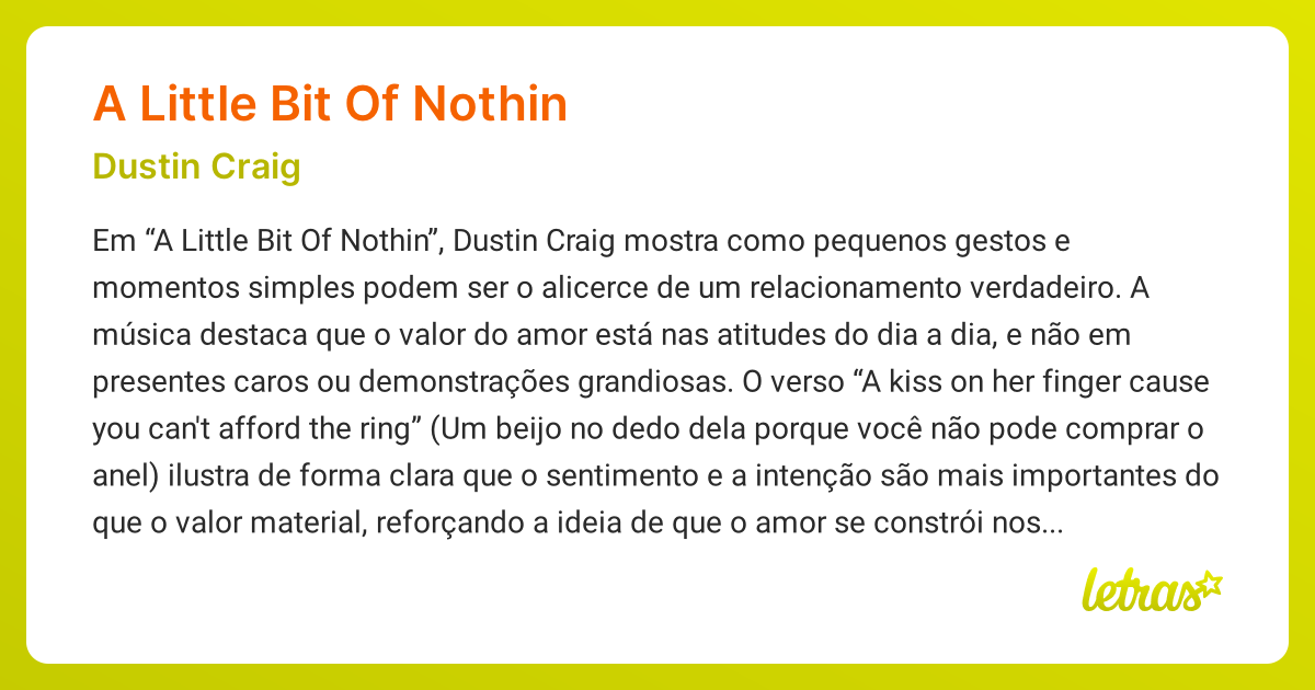 Significado da música A LITTLE BIT OF NOTHIN (Dustin Craig) - LETRAS.MUS.BR