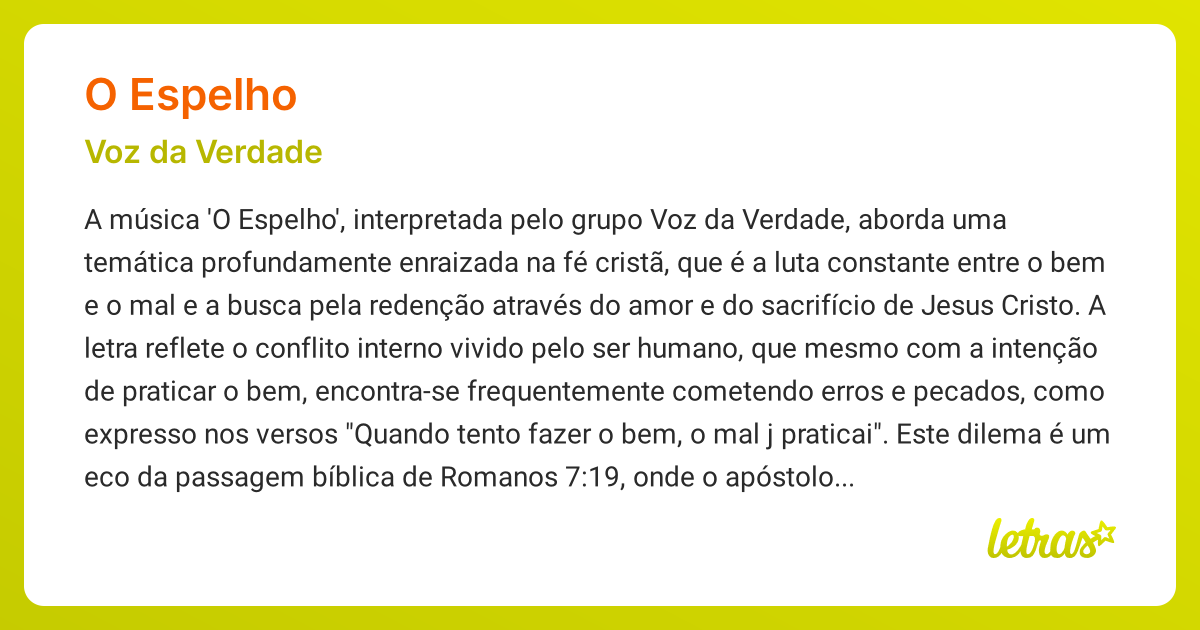 Significado da música O ESPELHO (Voz da Verdade) - LETRAS.MUS.BR