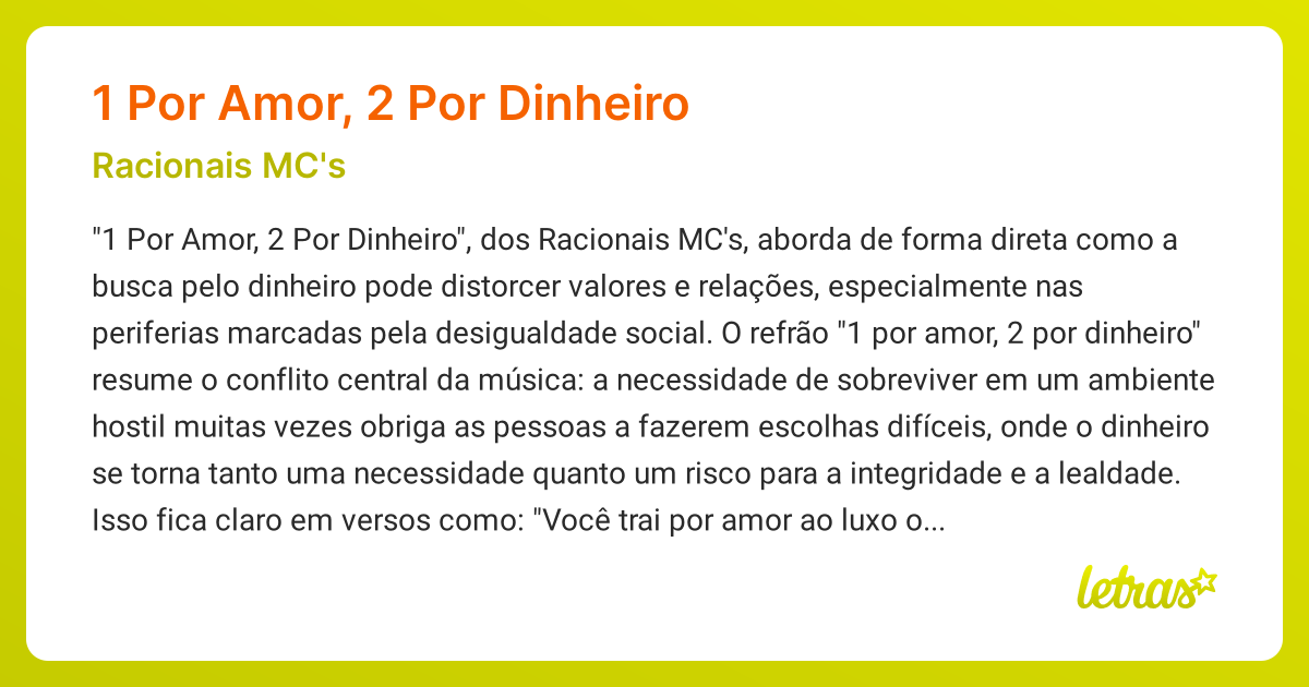 Significado da música 1 POR AMOR, 2 POR DINHEIRO (Racionais MC's ...