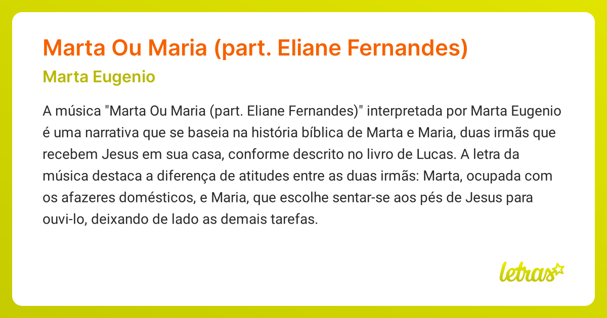 Significado da música Marta Ou Maria (part. Eliane Fernandes) (Marta ...
