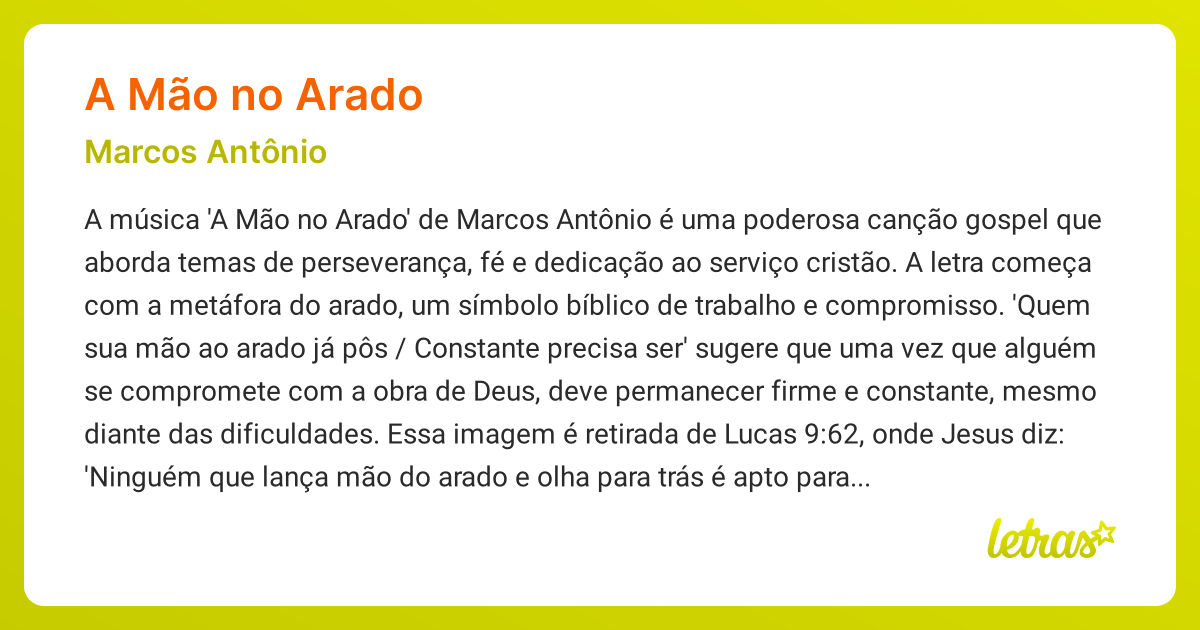 Significado da música A MÃO NO ARADO (Marcos Antônio) - LETRAS.MUS.BR
