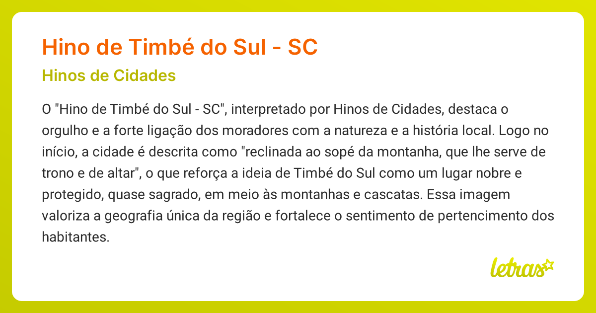 Significado da música HINO DE TIMBÉ DO SUL - SC (Hinos de Cidades ...