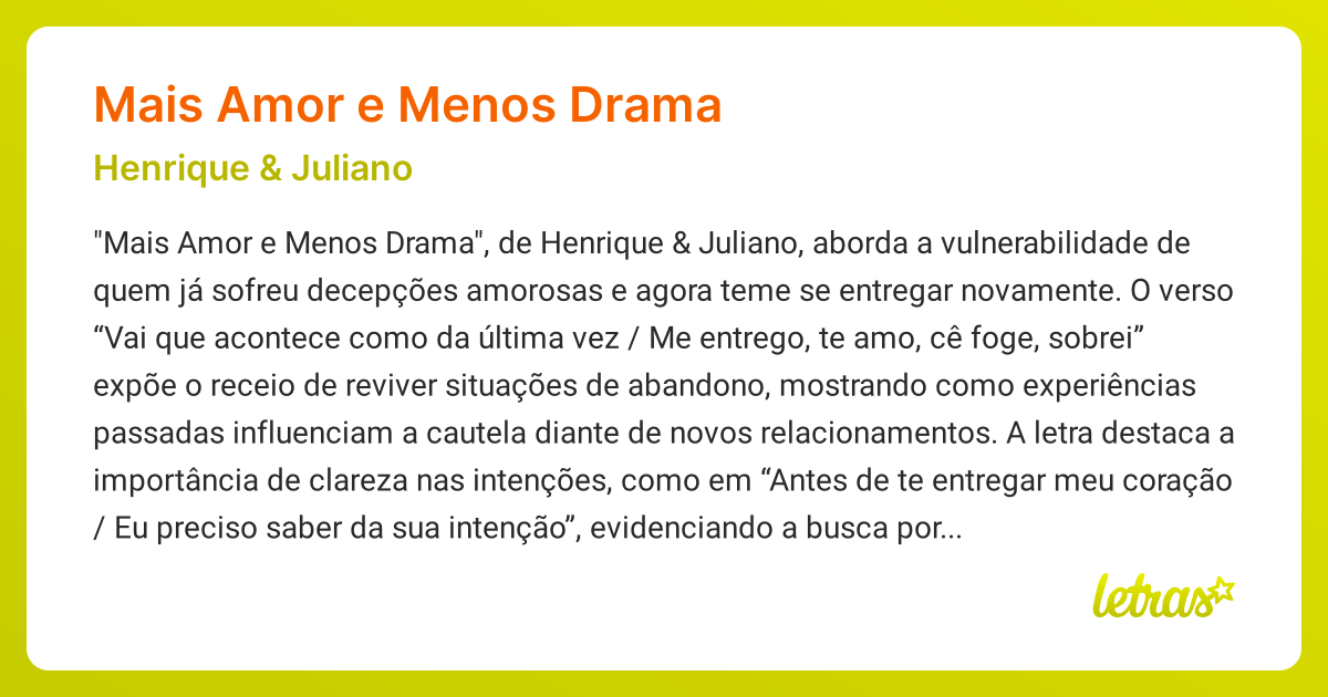 Significado da música MAIS AMOR E MENOS DRAMA (Henrique & Juliano ...