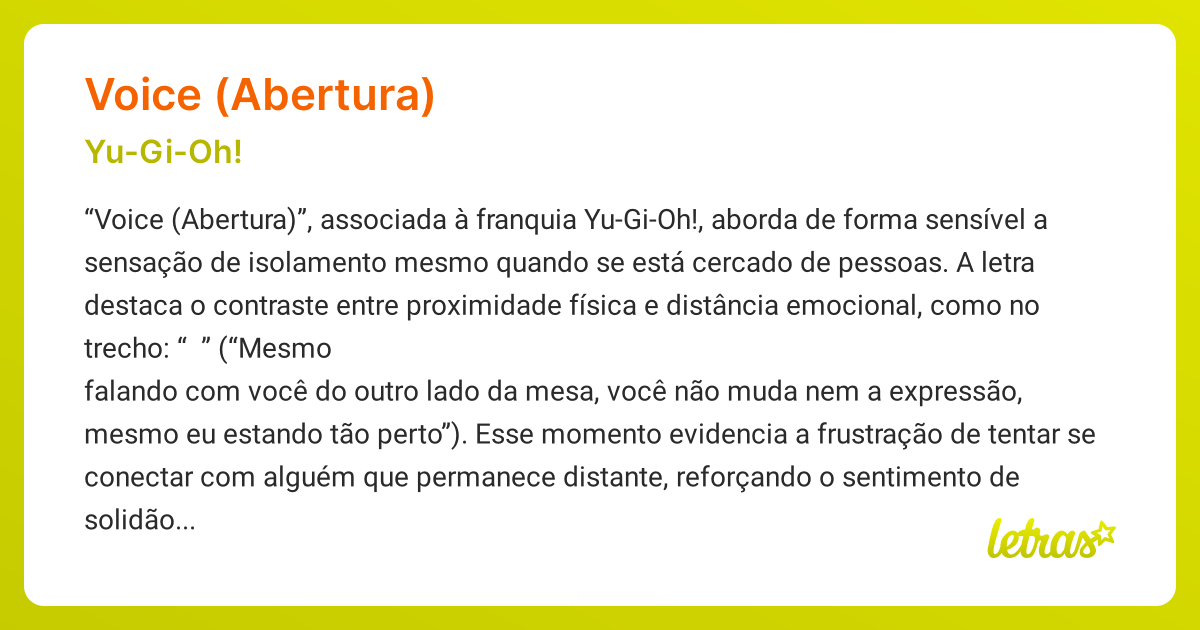 Significado da música VOICE (ABERTURA) (Yu-Gi-Oh!) - LETRAS.MUS.BR