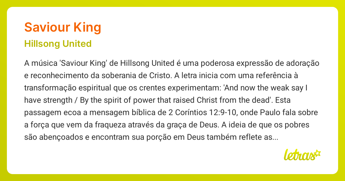 Significado da música SAVIOUR KING (Hillsong United) - LETRAS.MUS.BR