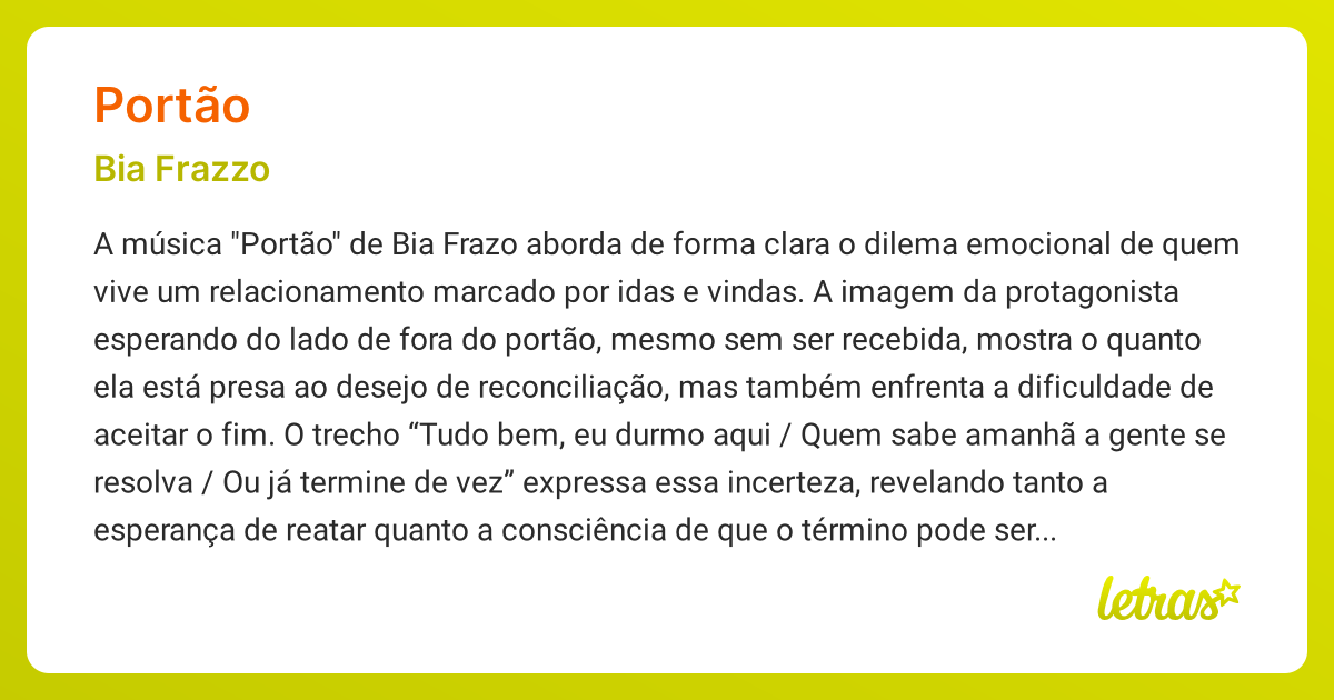Significado da música PORTÃO (Bia Frazo) - LETRAS.MUS.BR