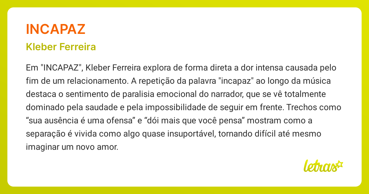 Significado da música INCAPAZ (Kleber Ferreira) - LETRAS.MUS.BR