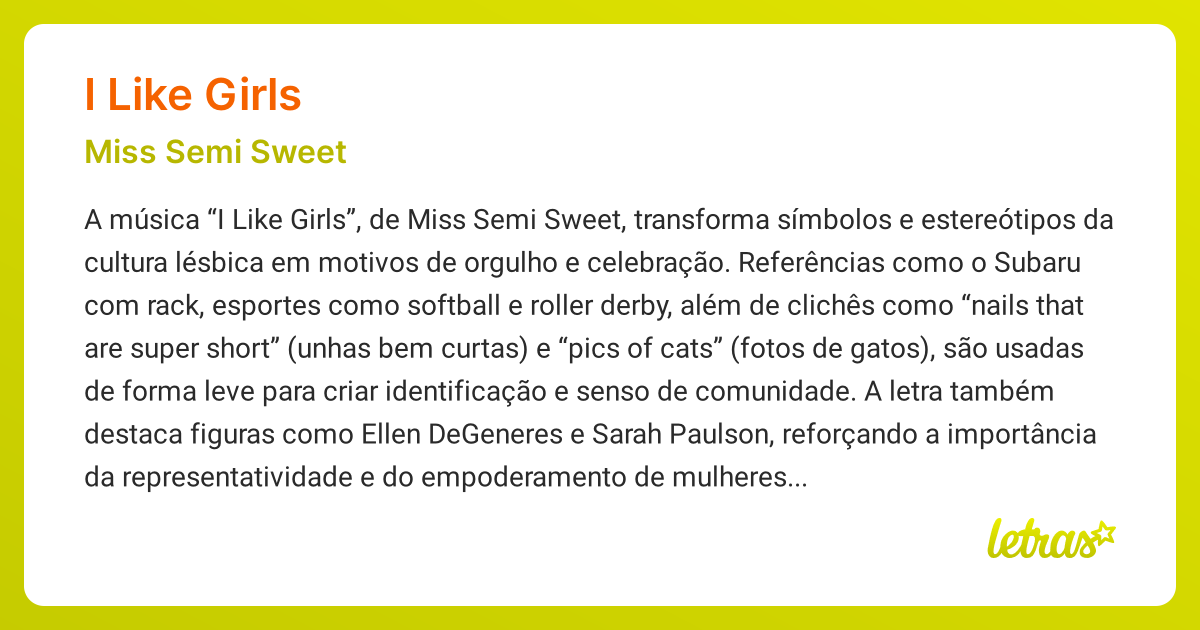 Significado da música I LIKE GIRLS (Miss Semi Sweet) - LETRAS.MUS.BR