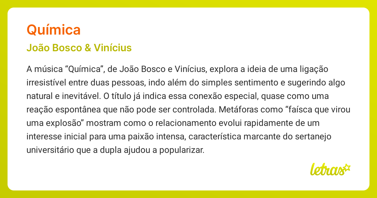 Significado da música QUÍMICA (João Bosco & Vinícius) - LETRAS.MUS.BR