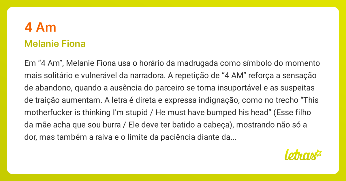 Significado da música 4 AM (Melanie Fiona) - LETRAS.MUS.BR