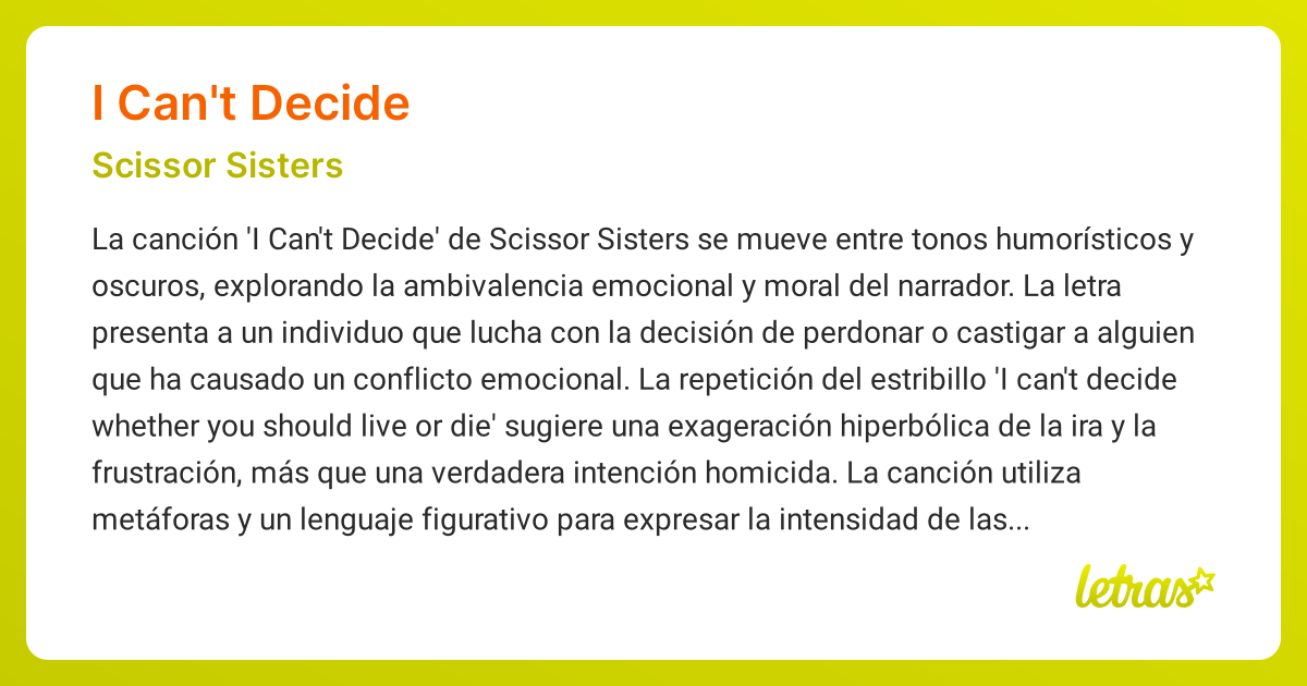 Significado de la canción I CAN'T DECIDE (Scissor Sisters)